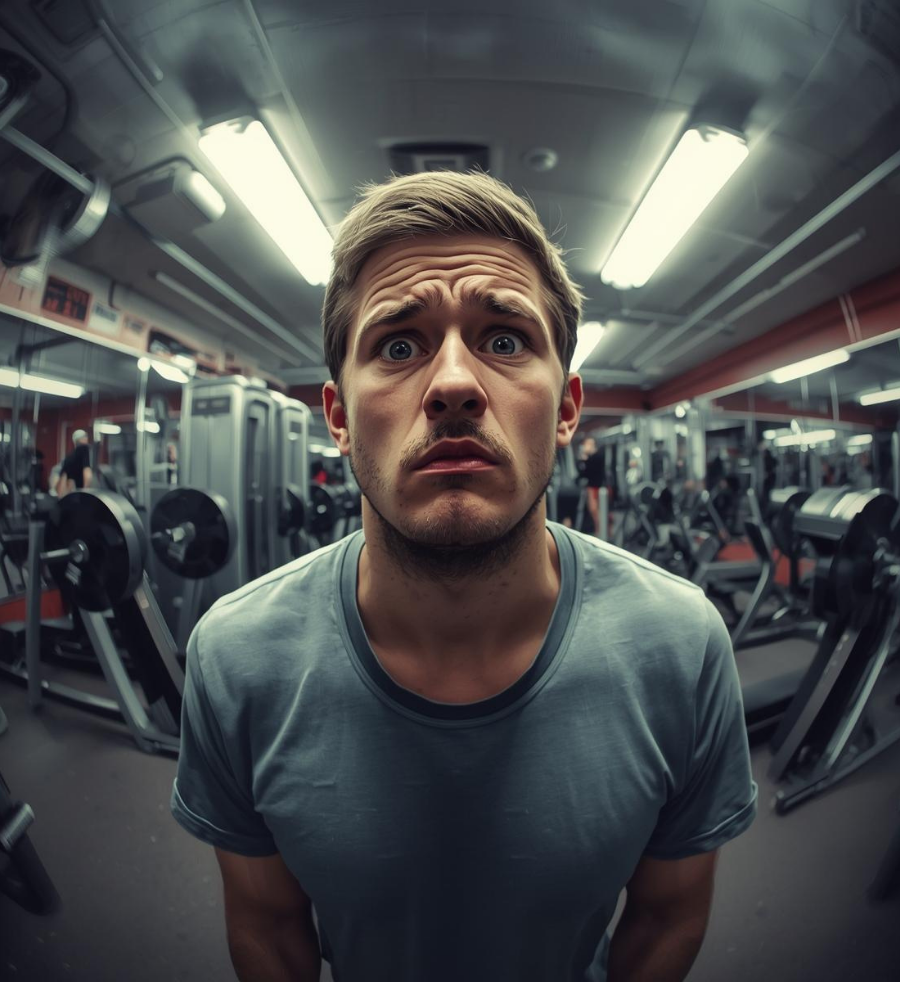 a man look worried and felt awkward in his first day at Maui Powerhouse Gym