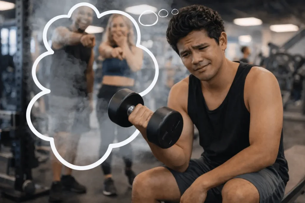 personal trainer and the woman laughing at the first-time gym goer in Maui Powerhouse Gym as an imagined scenario due to his anxiety