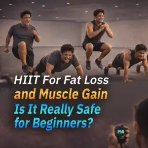 four person doing different HIIT exercises while a personal trainer oversees the time they spend using a stopwatch