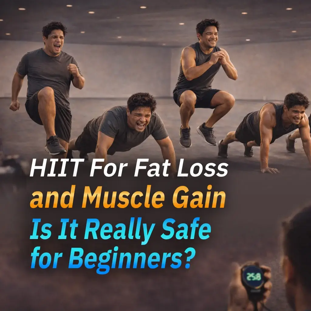 four person doing different HIIT exercises while a personal trainer oversees the time they spend using a stopwatch